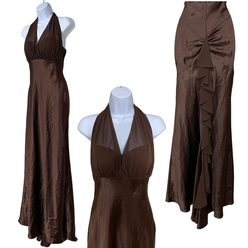 Vintage Y2K Betsy & Adam Prom Dress Maxi Gown Sz 8 Brown Sheer Mesh Halter Fairy